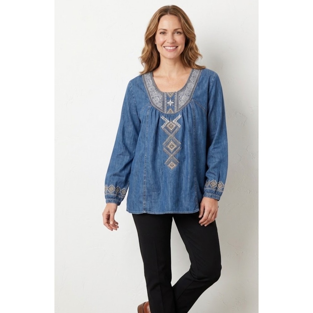 Sahalie Womens XL Blue Denim Embroidered Boho Tunic Blouse Long Sleeve Top